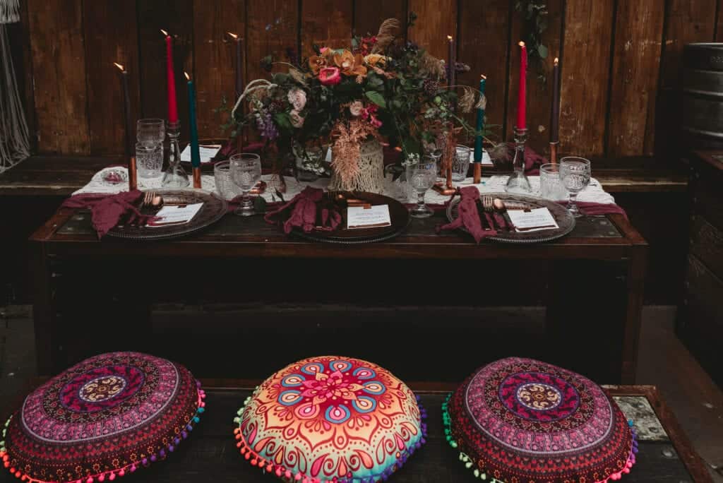boho table set up in rich autumn colours