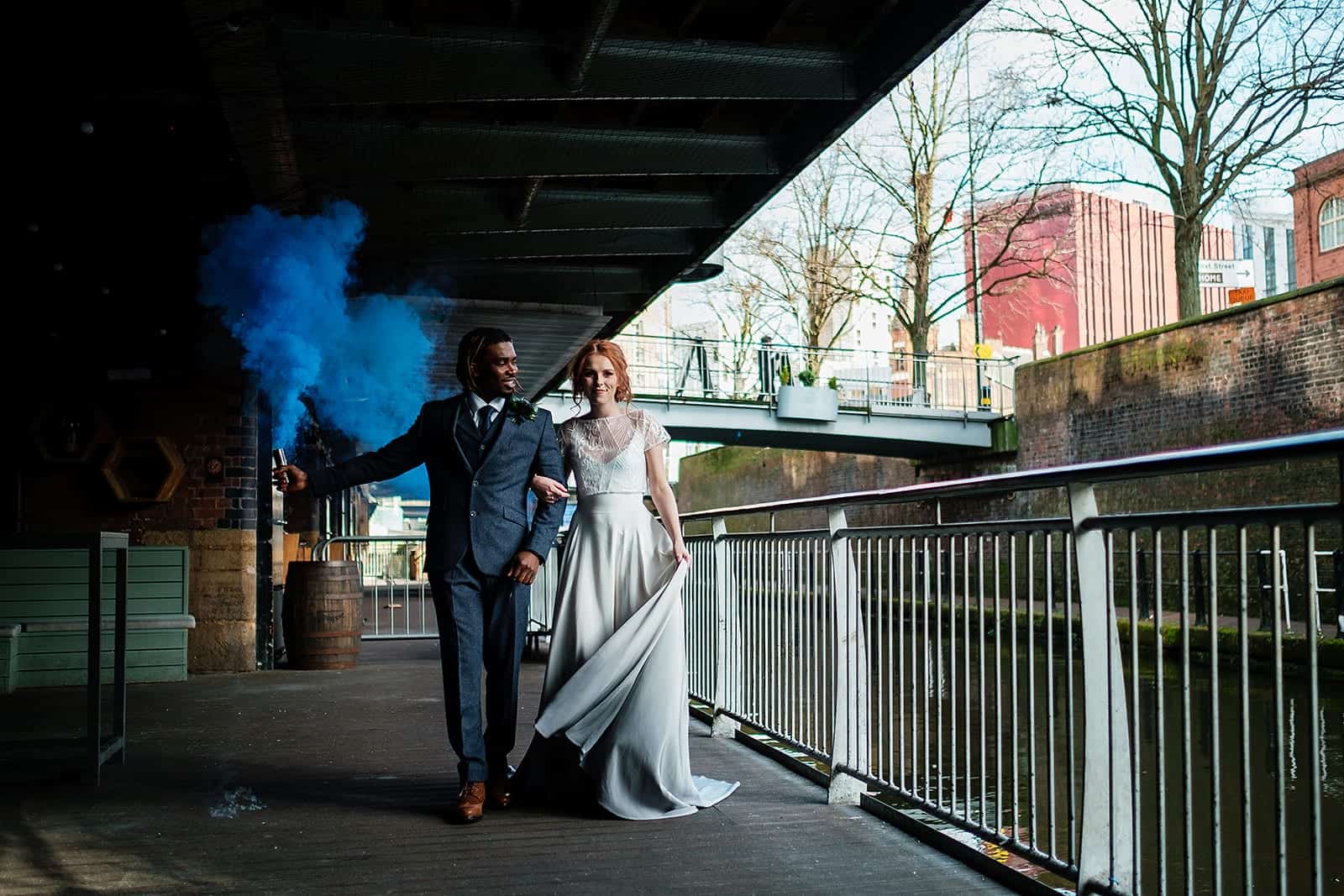 smoke bomb at city wedding shoot