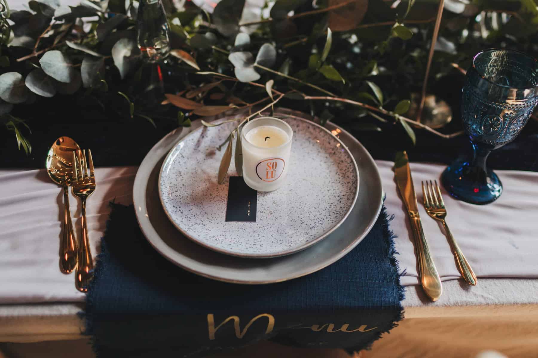 moody place setting for city wedding shoot
