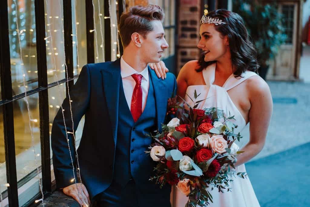 couple and bridal bouquet 