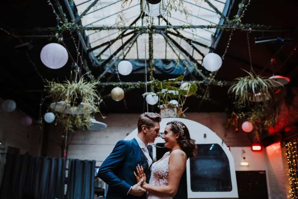 wedding couple inside the islington metal works