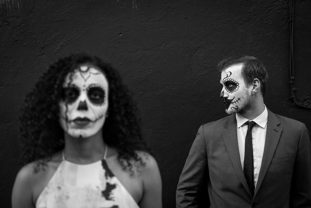 halloween makeup on a wedding couple