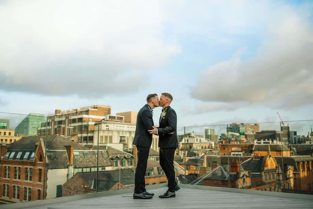 Manchester city wedding on rooftop with cityscape