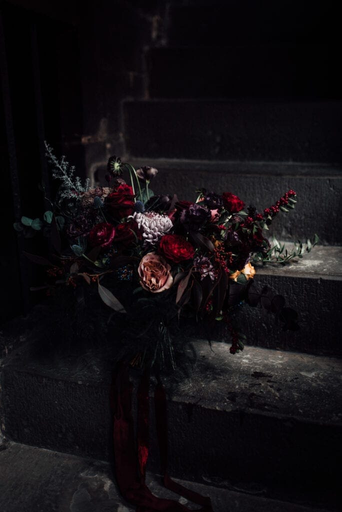 dark and moody wedding flower bouquet photo