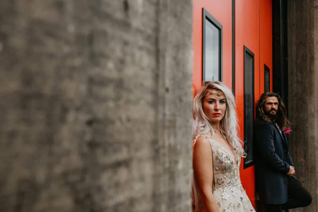 wedding couple and a fire station