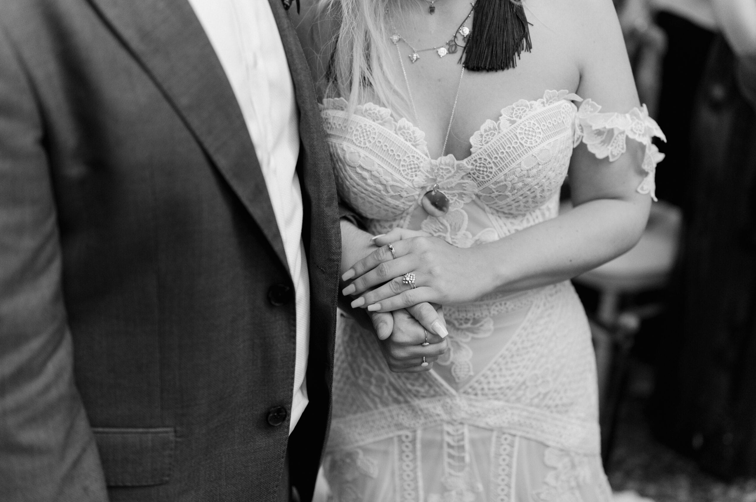Bride, close up ofsweetheart neckline on wedding dress