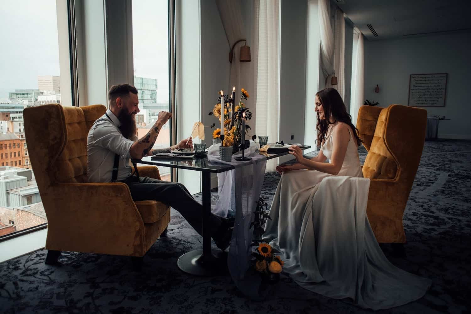 wedding couple having a meal