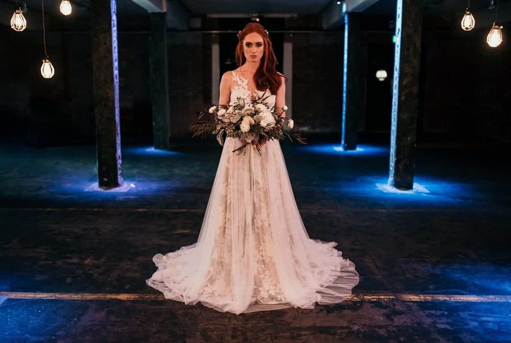 city bride in a lace dress