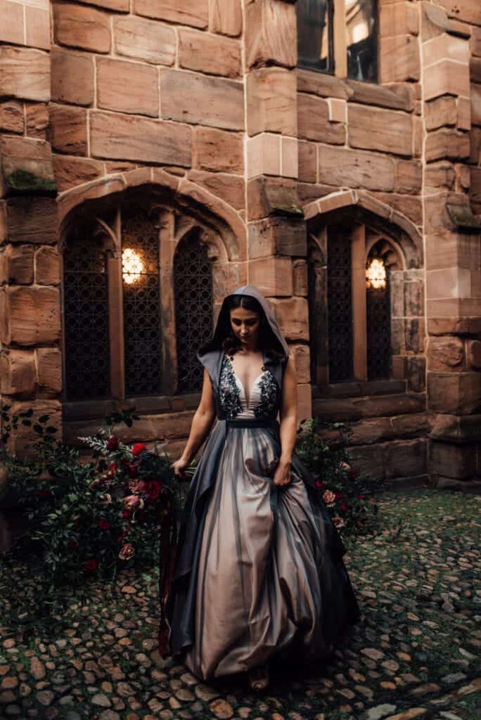 bride wearing a winter bridal cape