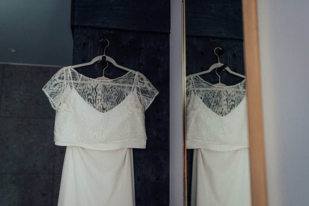 wedding dress hung up