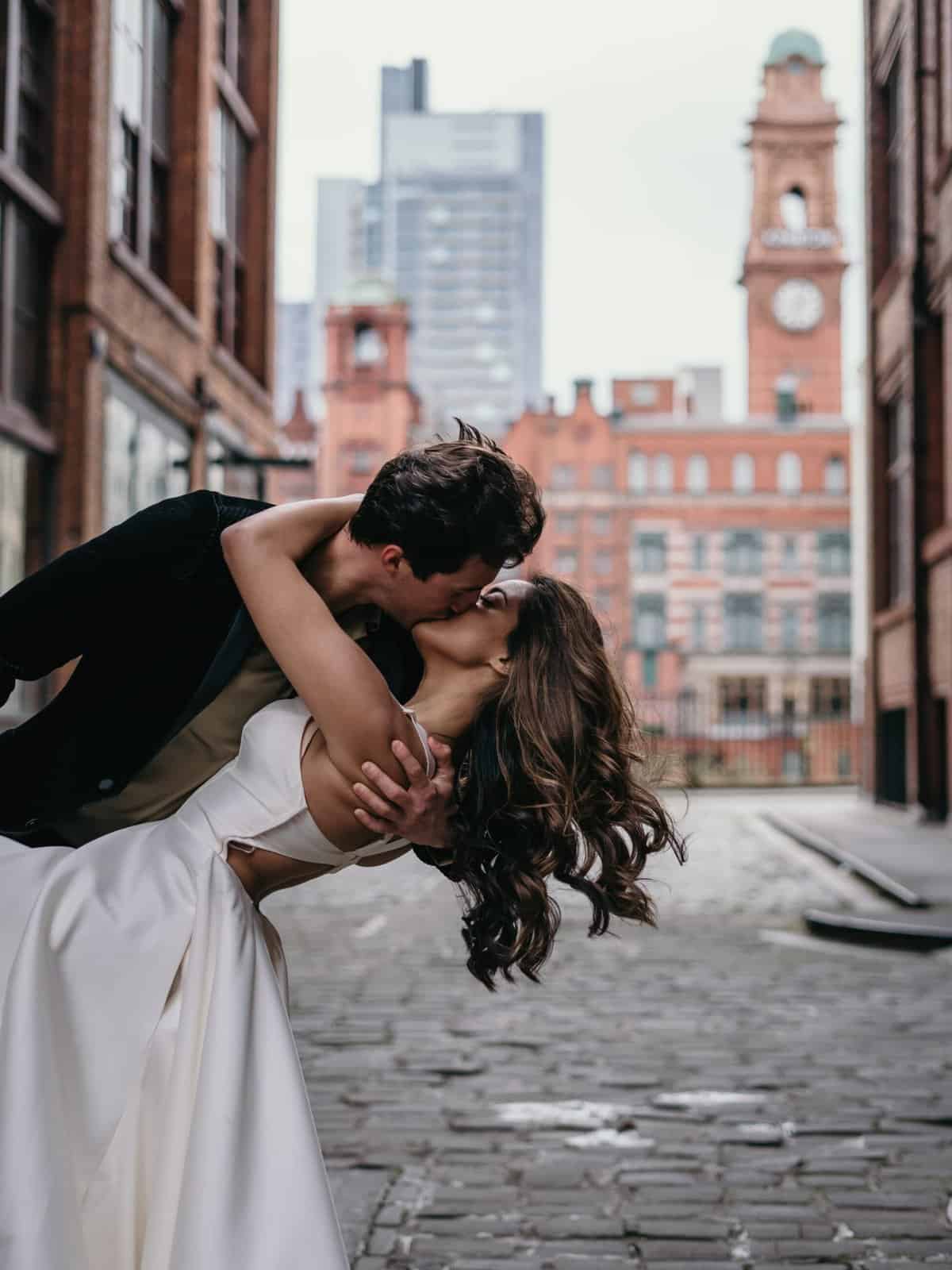 wedding couple and romantic kiss