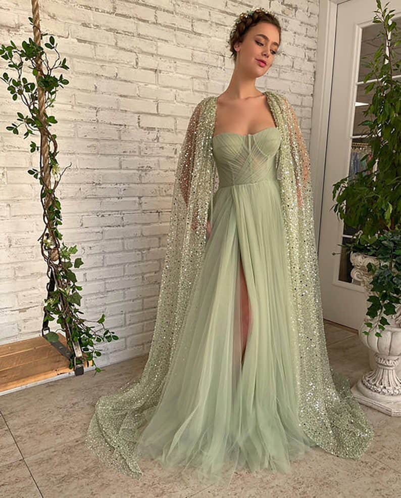 mint green wedding dress with cape