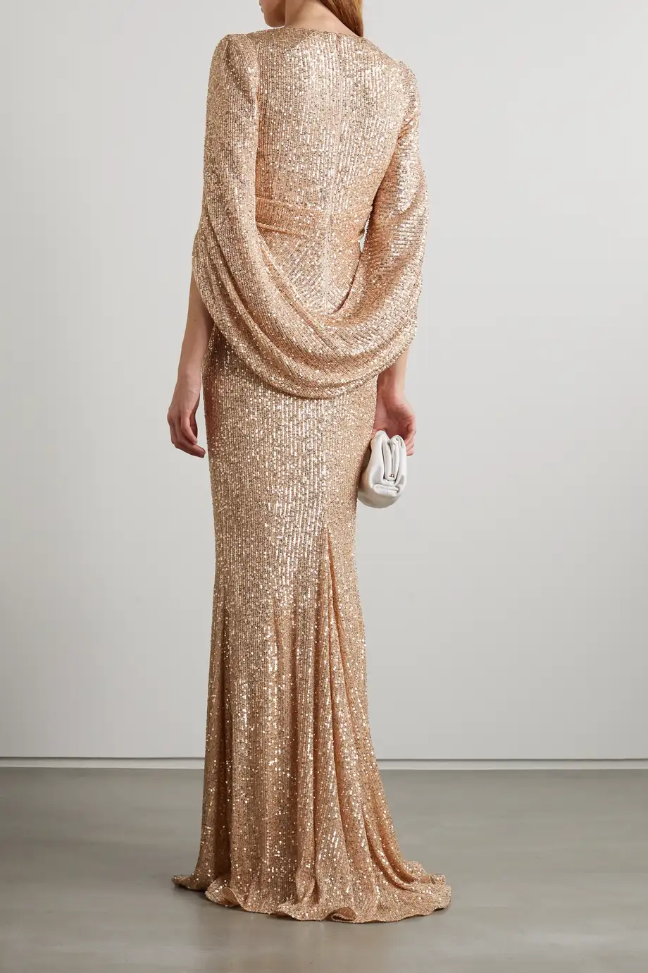 gold sequin dress - back view with cape style arms