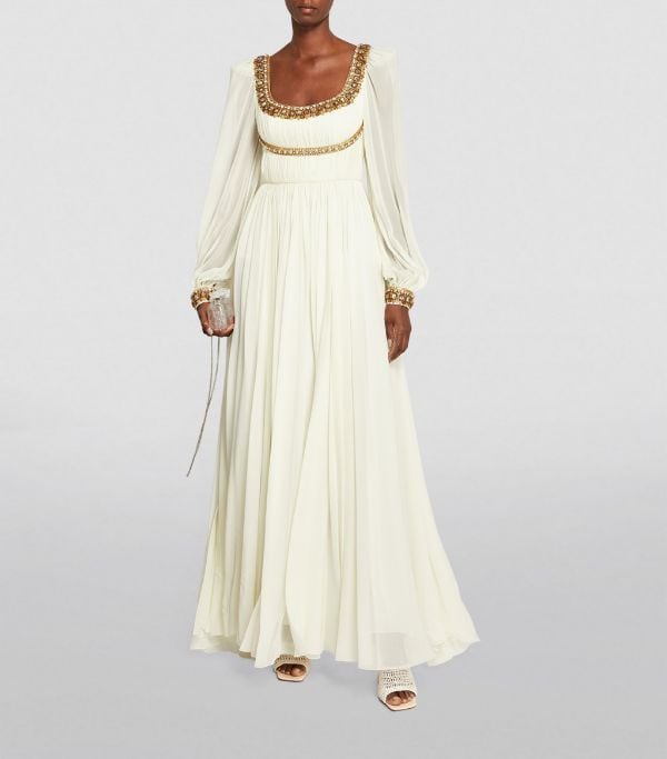 pagan style white and gold wedding dress