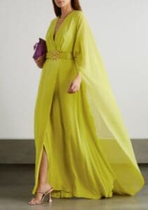 yellow mother of bride outfit with flowing cape