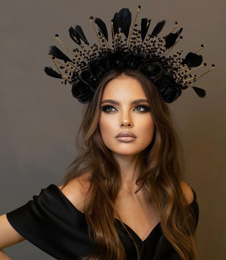 black halo pagan wedding crown on model