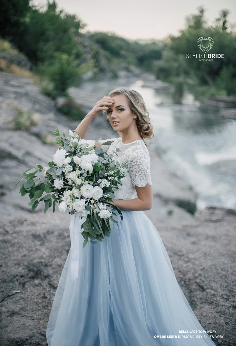 blue and white bridal separates