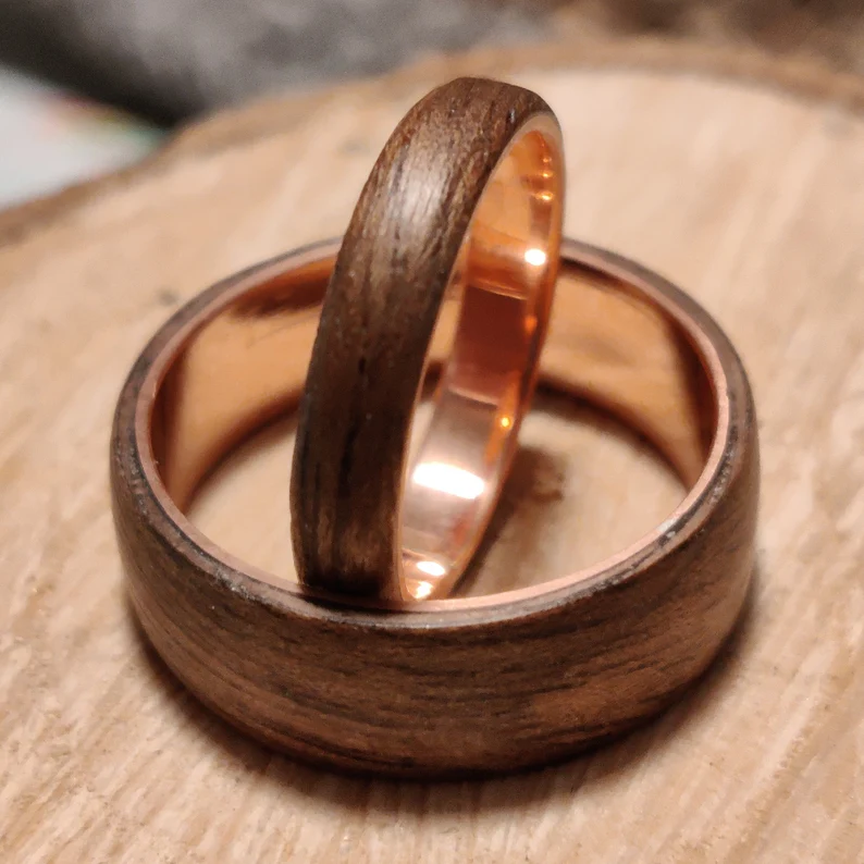 copper and wood rings set of two