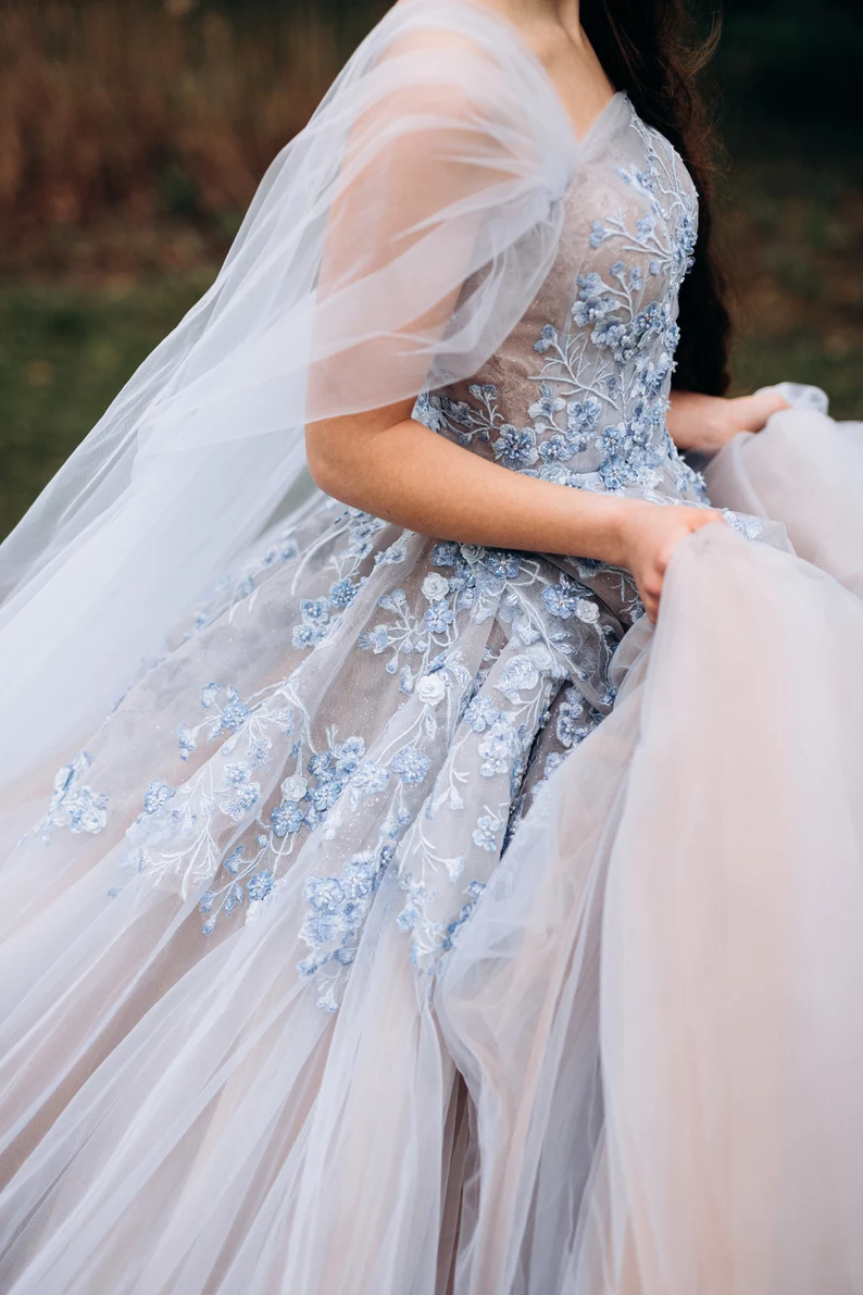 light blue and pink wedding dress
