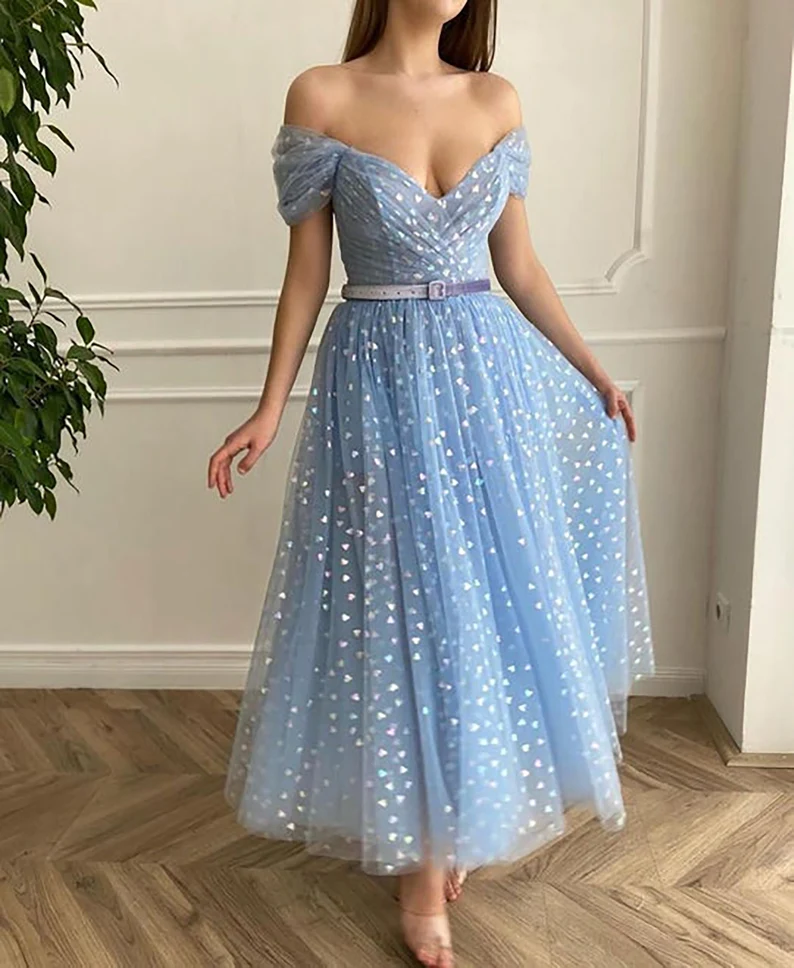blue and white polka dot dress