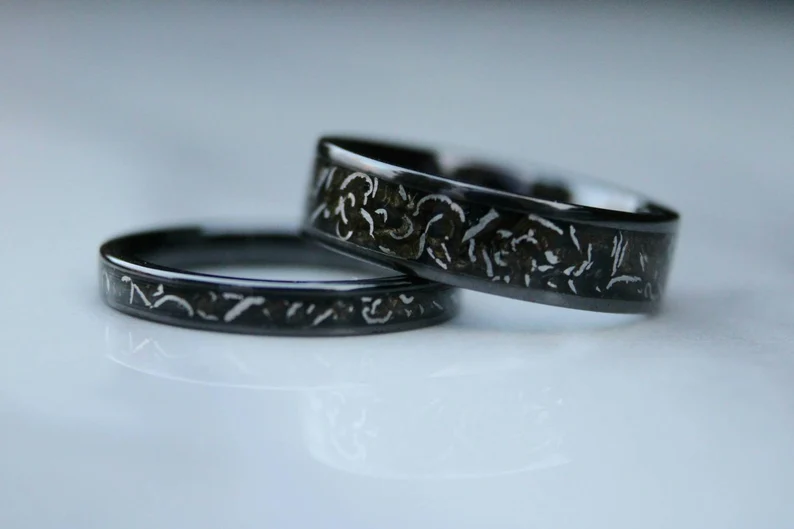 meteorite gothic wedding band set for him and her