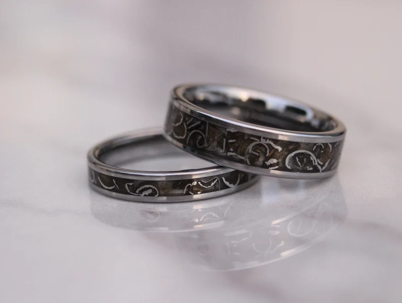 meteorite ring set, two with engraved with flowers