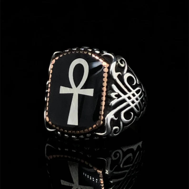 ankh black, silver and gold ring