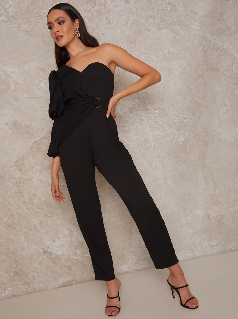 black jumpsuit with one puff sleeve