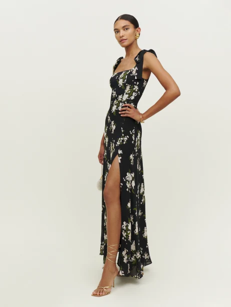 Floral pattern black maxi dress with split up leg