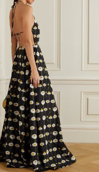 maxi black dress with daisy print floral pattern