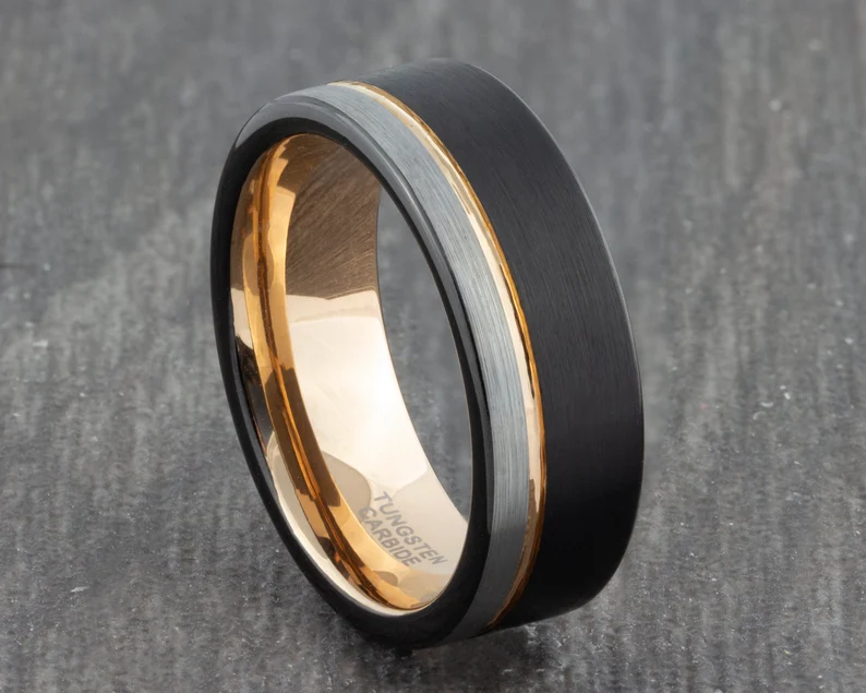 silver, rose gold and tungsten black wedding bane