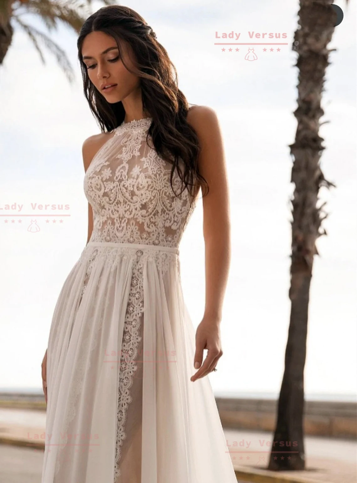 lace halter neck dress with tulle skirt