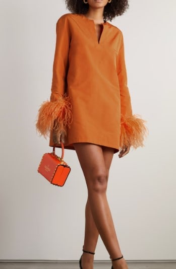 short burnt orange dress with feather sleeves