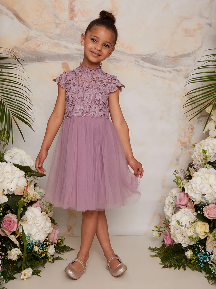 child lilac bridesmaid dress with lace top and tulle skirt