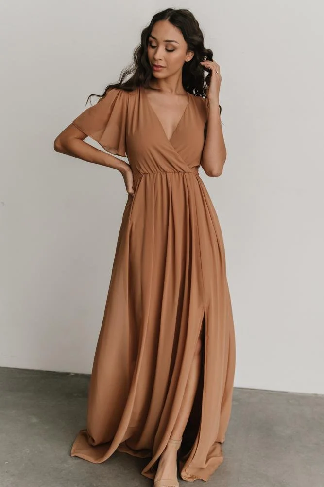 light copper chiffon dress with v neckline and short sleeves