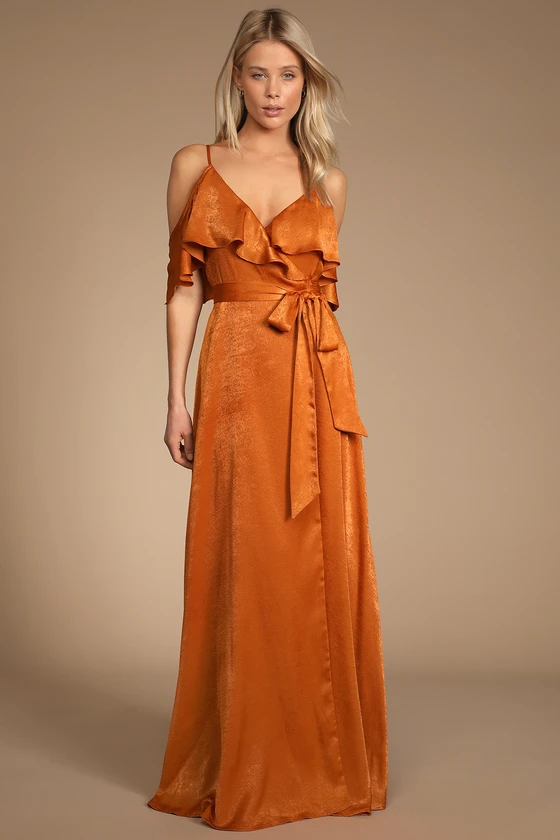 maxi copper maxi dress with ruffle sleeve detail