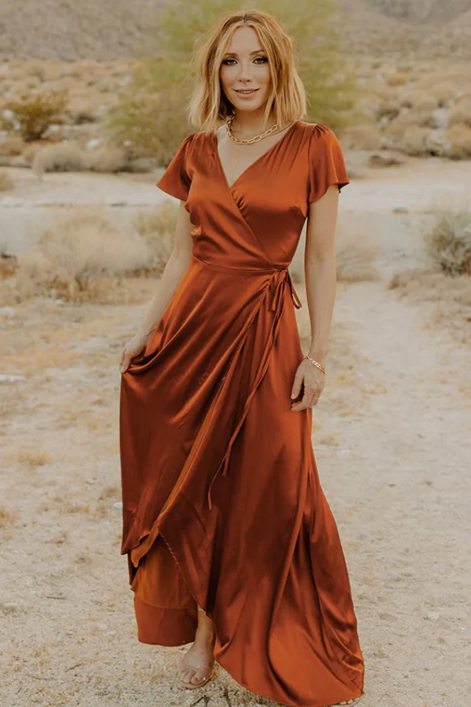 satin copper wrap dress maxi with short sleeves