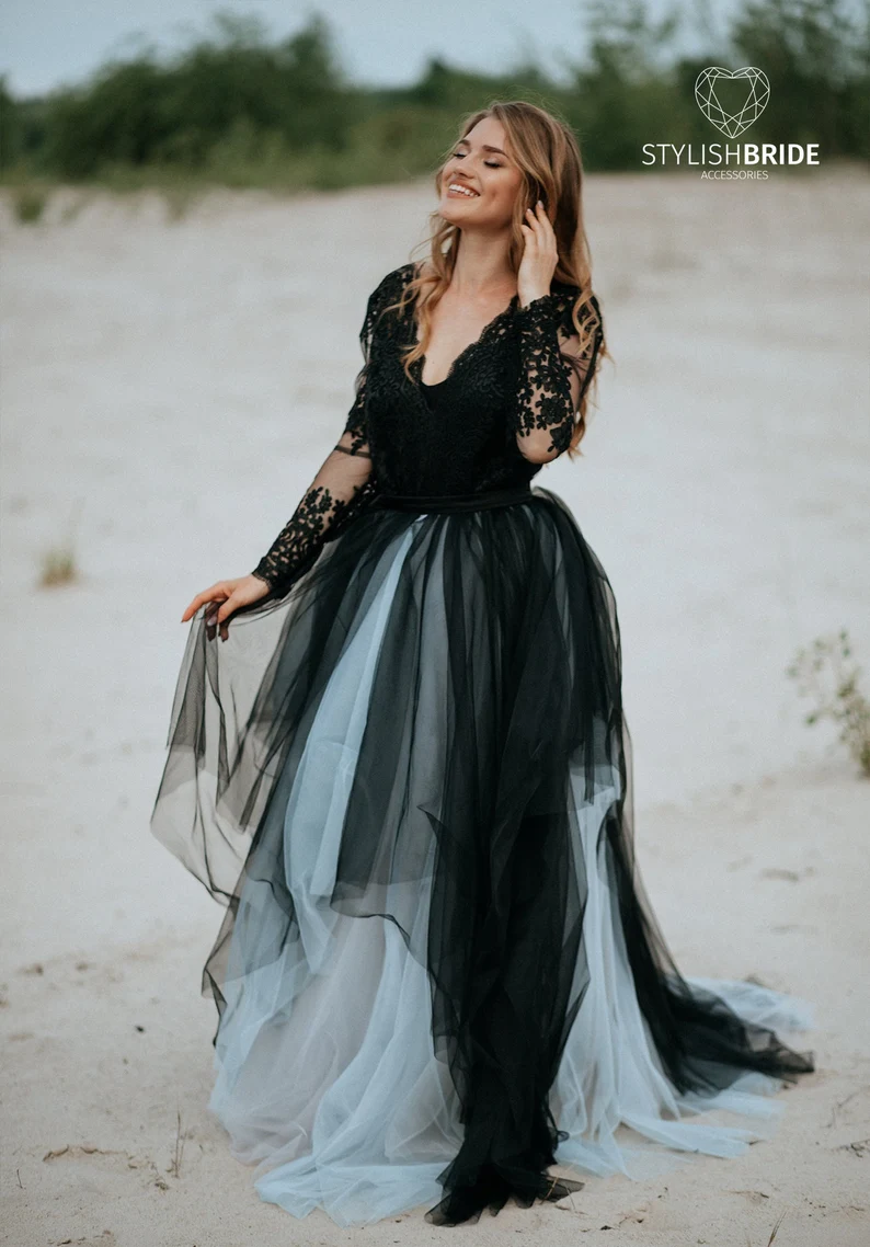 black lace long sleeve top with black and white full tulle skirt