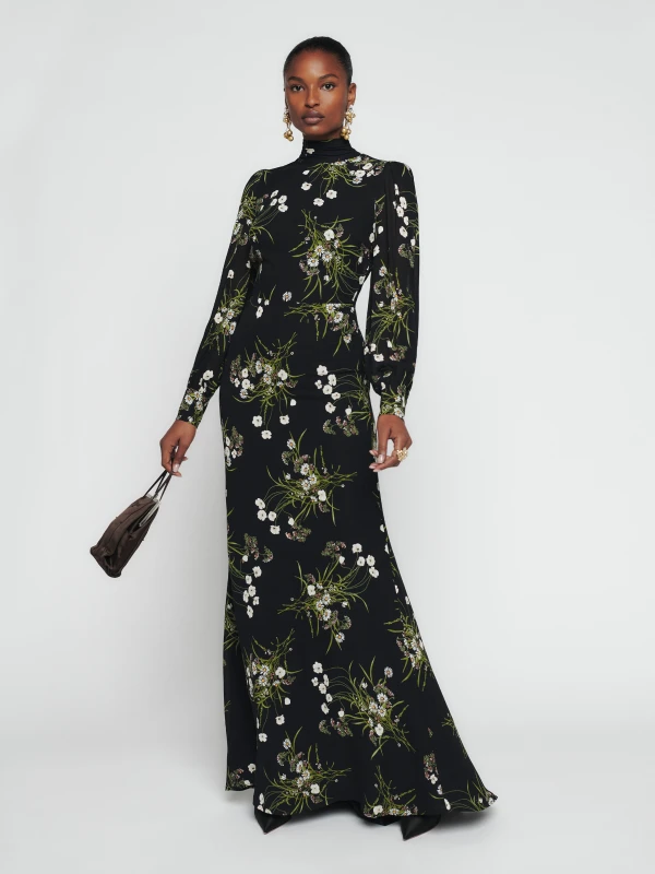 Black floral patterned long sleeve dress