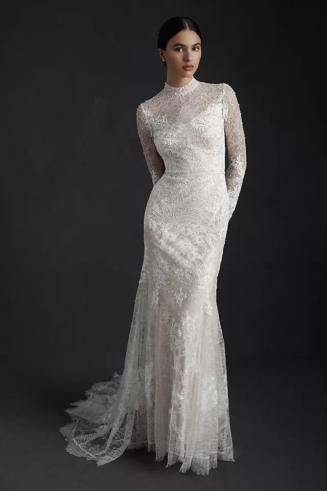 turtle neck soft lace wedding dress with long sleeves and mermaid shape