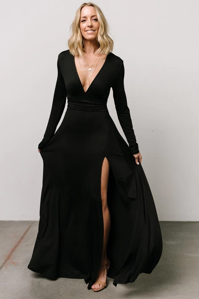 long sleeve black bridesmaid dress with low v neck and high split up leg