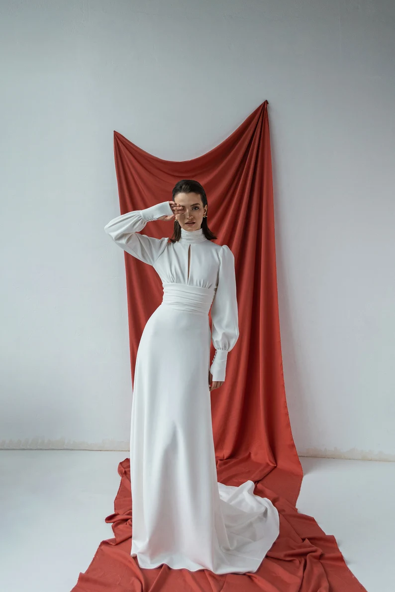 Long sleeve split front turtleneck wedding dress