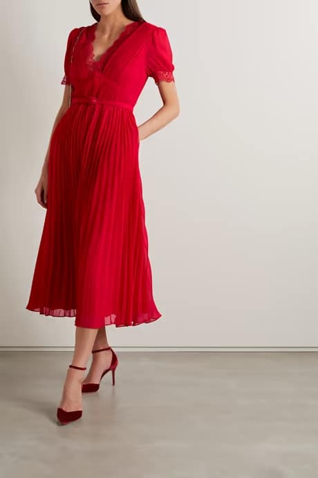 red midi dress with pleated skirt