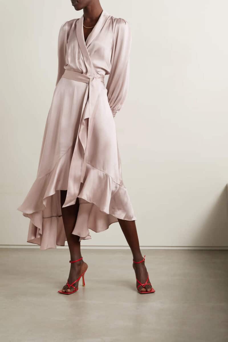 satin wrap dress with flowing skirt