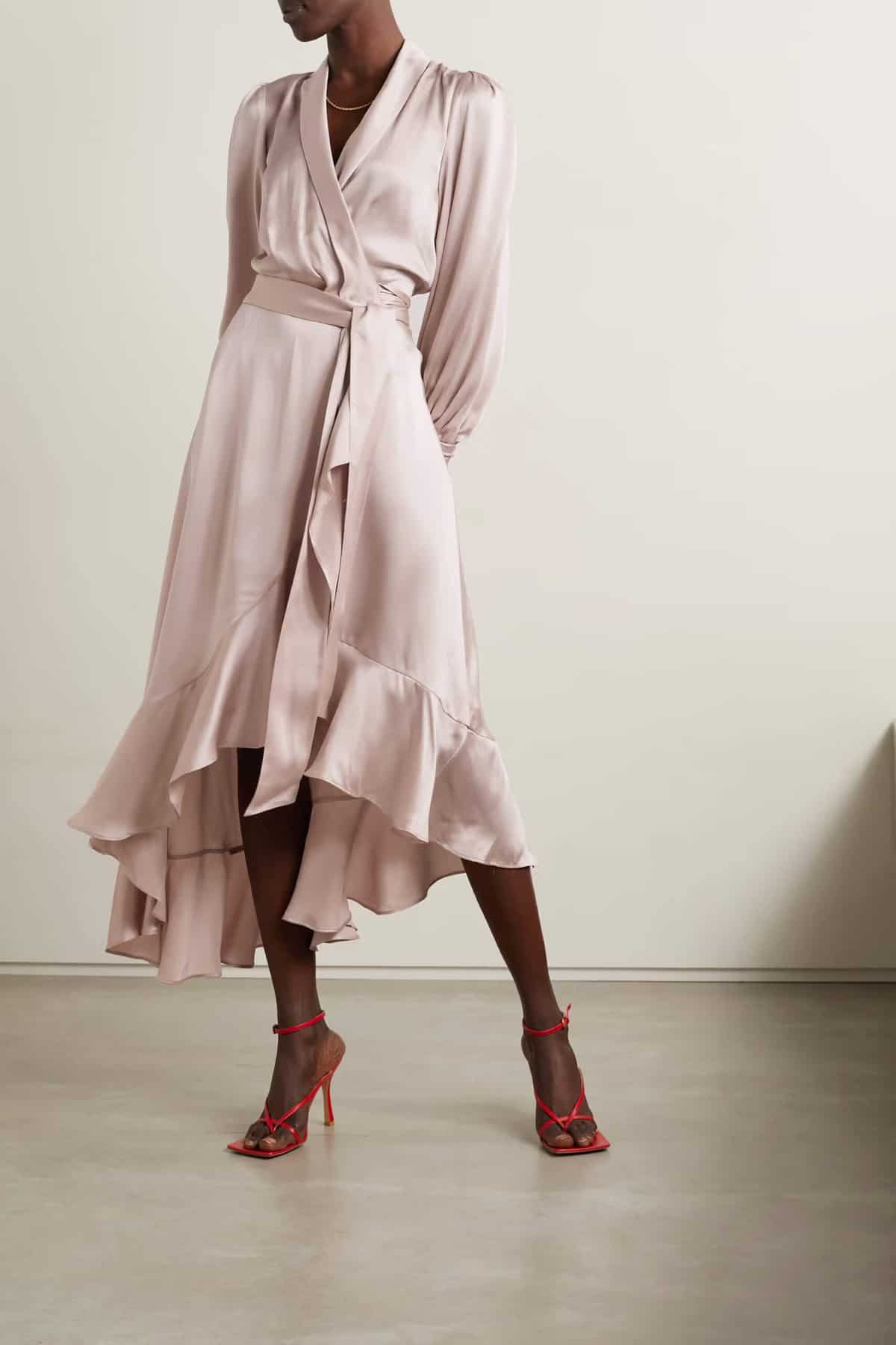 satin wrap dress with flowing skirt