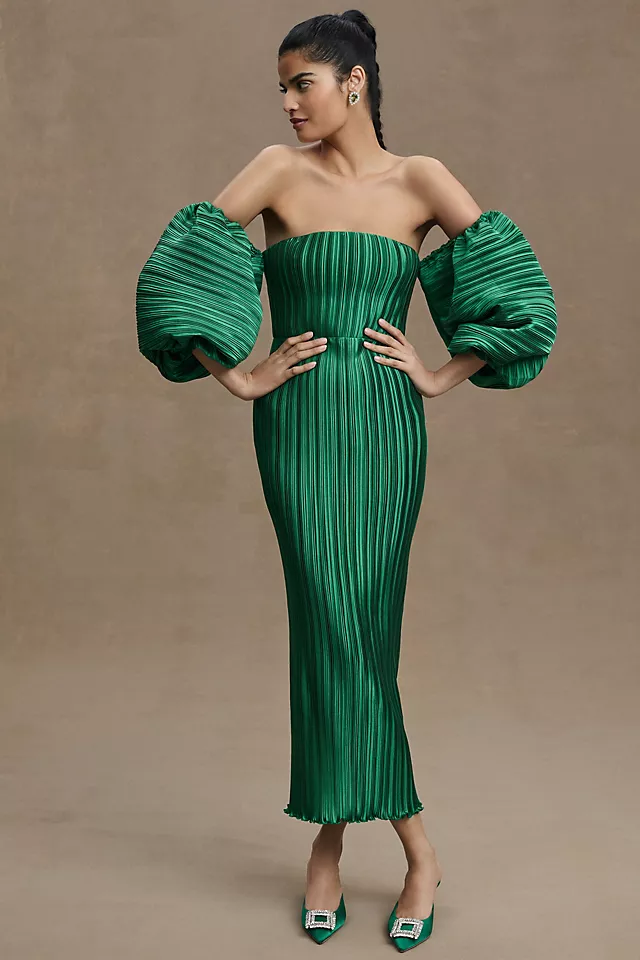 midi emerald green dress with puff removable sleeves
