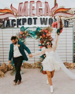 groom and bride in short wedding dress