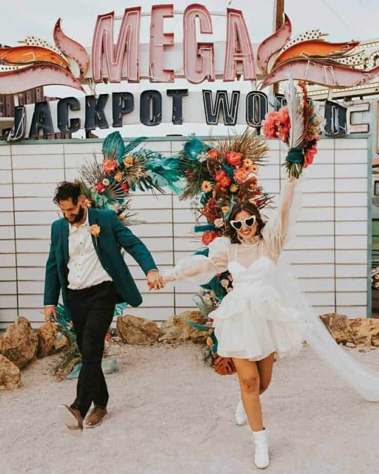 groom and bride in short wedding dress