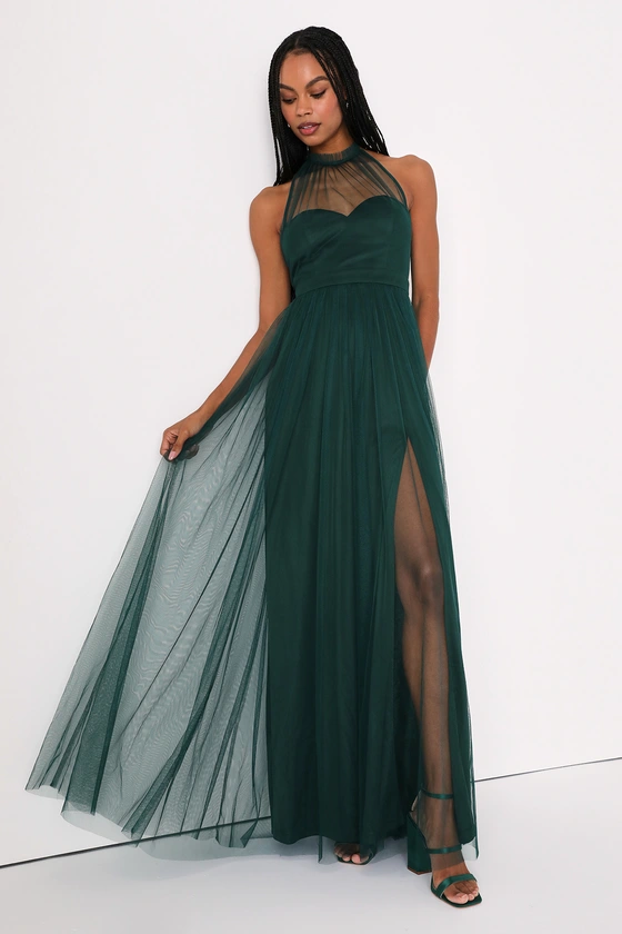 emerald maxi dress with a illusion neckline