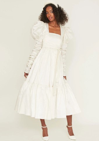 Long puff sleeve tea length short wedding dress